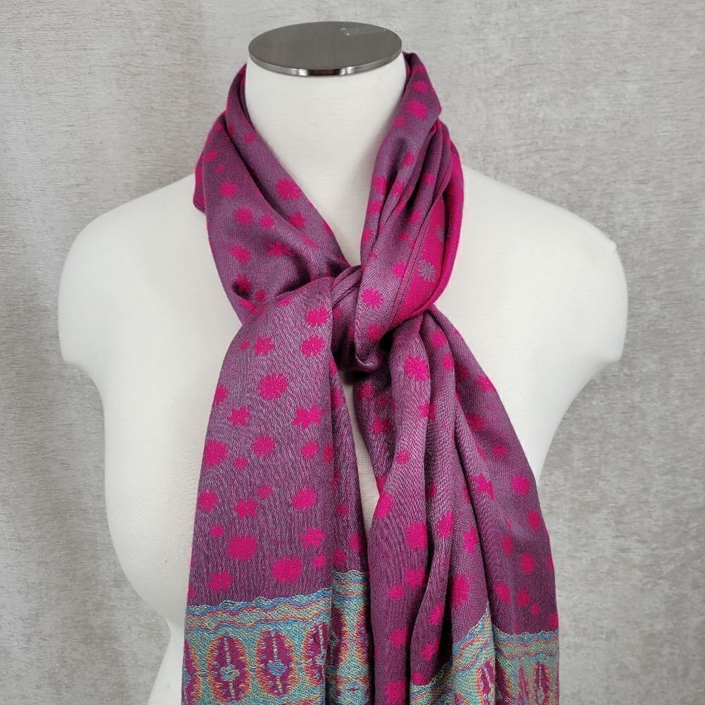 100% Cashmere Kani Shawl Scarf Vivid Pink Teal Blue with Fringe - Picture 5 of 12
